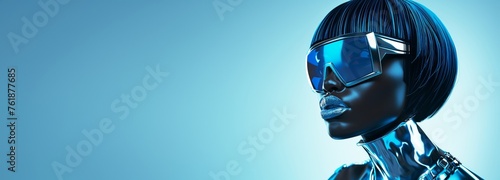 A portrait of a black female model with a sharp cut bob hair cut and wearing futuristic glasses and a silver latex effect outfit. Copy space to the left