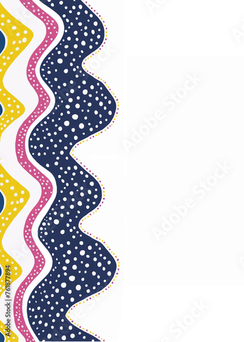 Whimsical polka-dot and wave pattern yellow pink and blue background abstract texture frame for spring, summer mobile wallpaper, invitation, poster, backdrop with negative copy space.