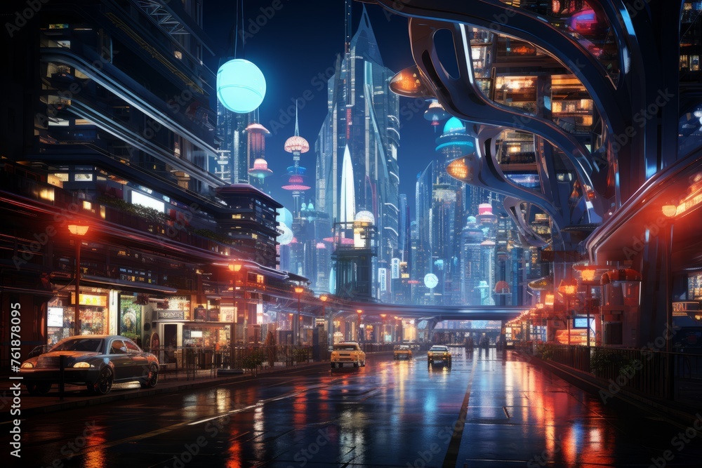 a futuristic city at night with a river running through it