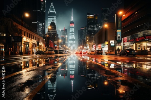 City street at night with skyscraper reflections in water puddles