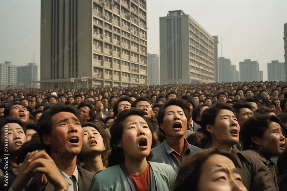 Crowd of people looking up shocked Crowd of people looking up shocked