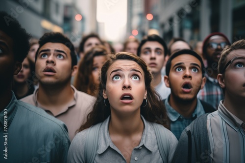 Crowd of people looking up shocked photo