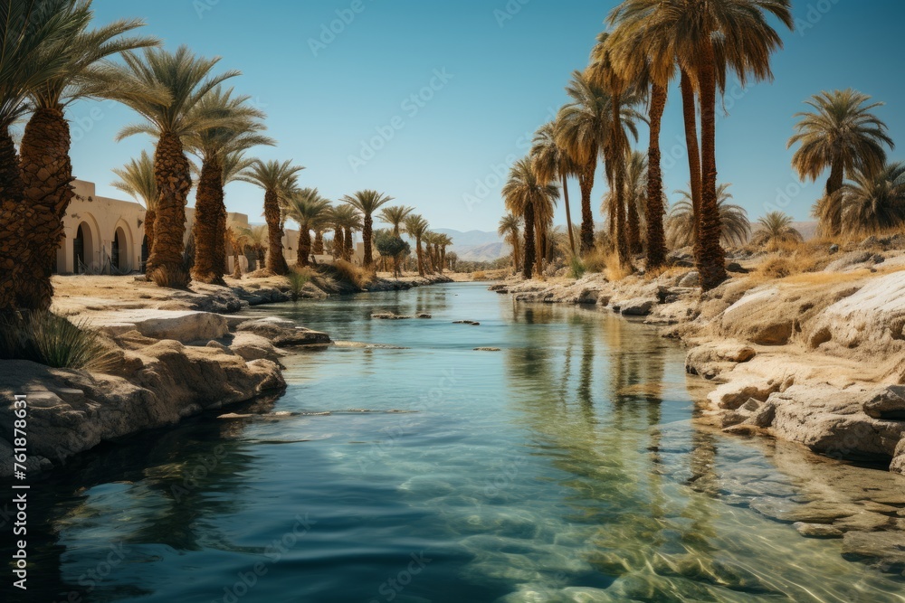 Oasis in the desert a serene river flows through a grove of palm trees