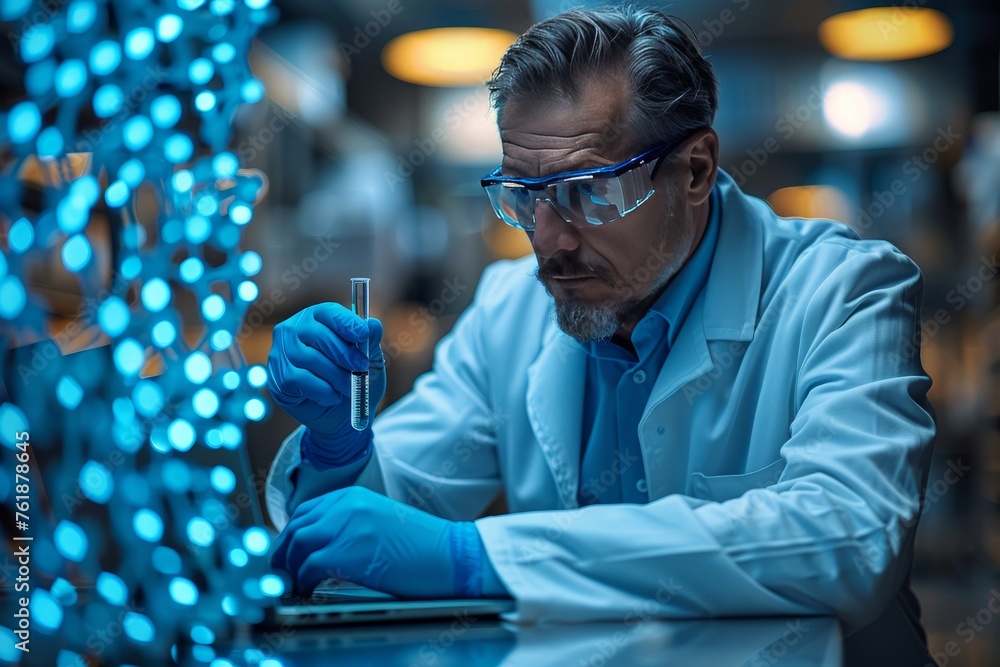 Molecular modeling in drug discovery, scientists reviewing on a laptop, lab samples in foreground, copy space Molecular modeling in drug discovery, scientists reviewing on a laptop, lab samples in foreground, copy space