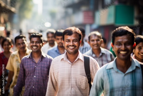 Crowd of people walking city street smiling happy photo