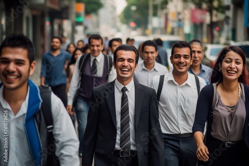 Crowd of people walking city street smiling happy