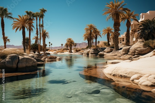 Water flows through palm trees in desert oasis. A striking natural landscape