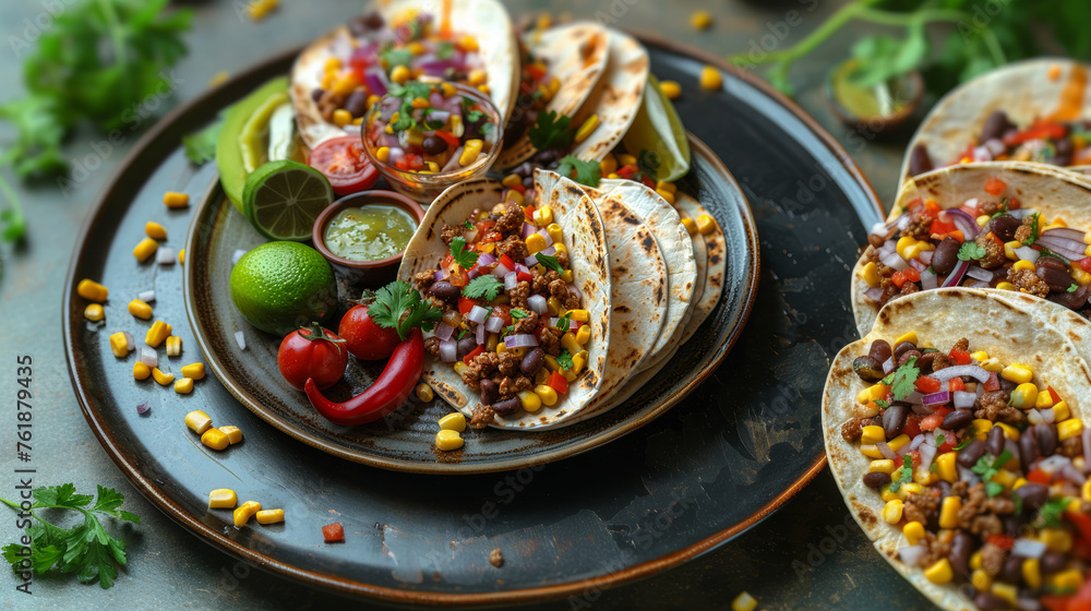 Mexican ground Beef Tacos with Salsa and Garnishes Mexican ground Beef Tacos with Salsa and Garnishes