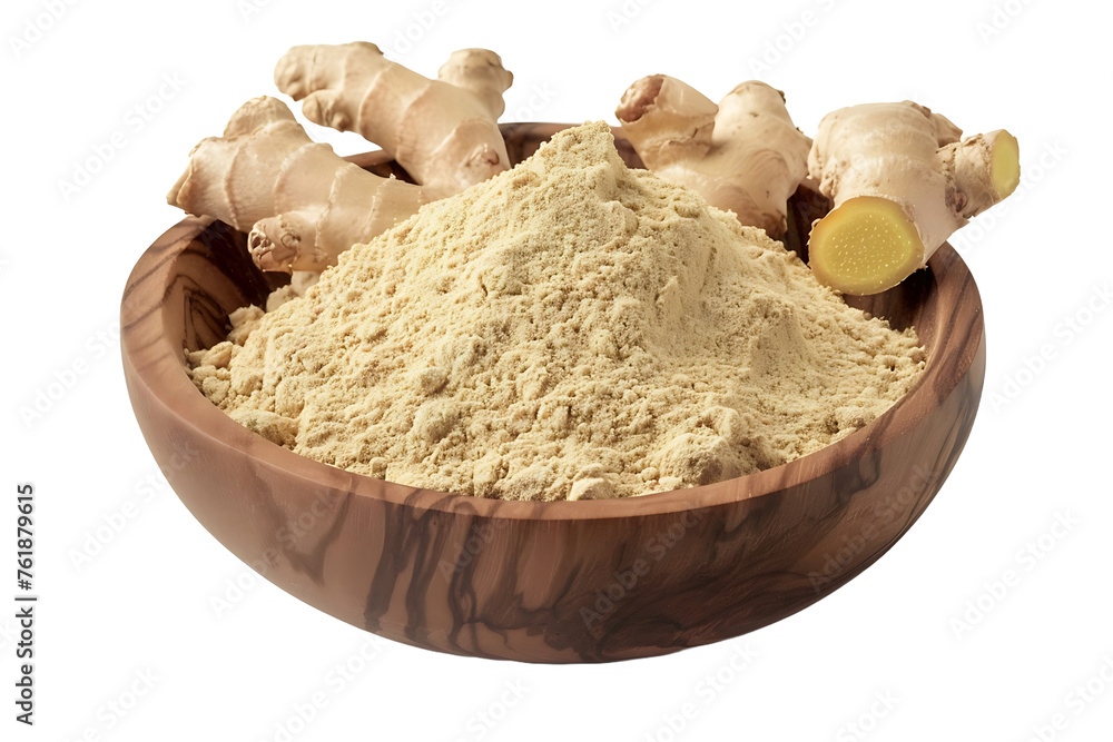 Ginger powder on wooden bowl isolated on a transparent background. Ginger powder on wooden bowl isolated on a transparent background.