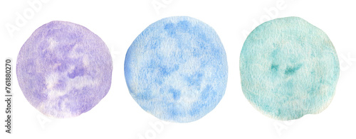 Set of artistic tender granulate textured light purple, blue and green watercolor round shapes. Hand painting nature grass and water watercolour circle stains for banner design, greeting cards