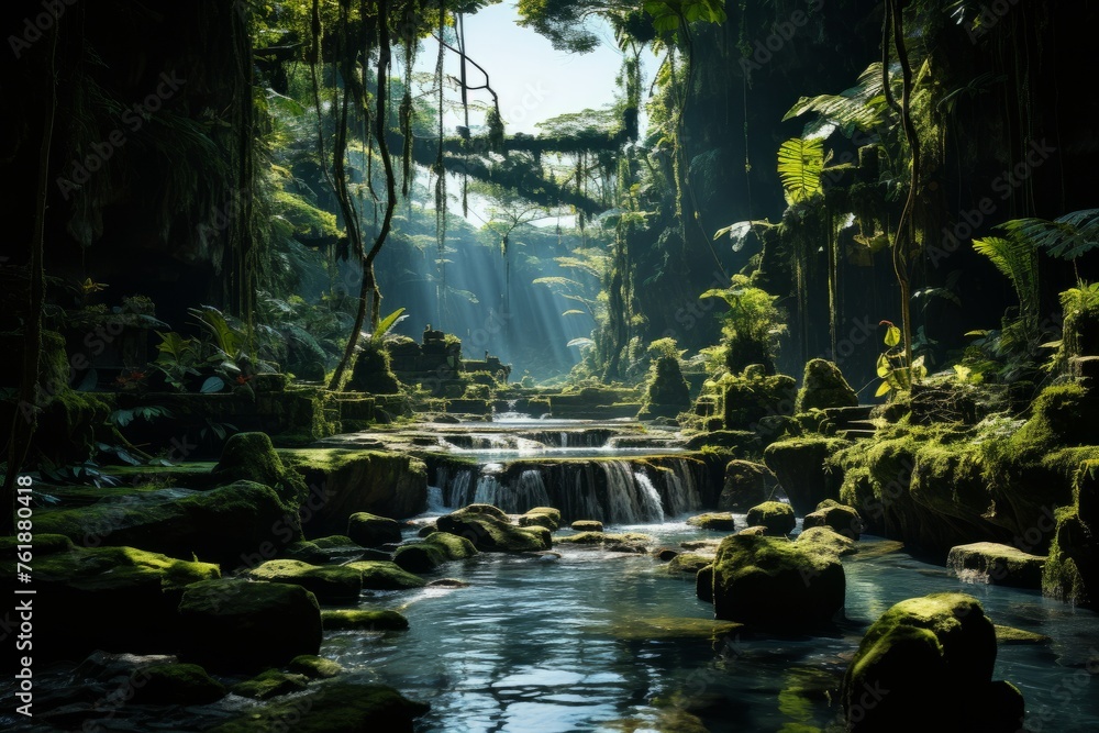 Waterfall in jungle surrounded by trees, plants fluvial landforms - obrazy, fototapety, plakaty 