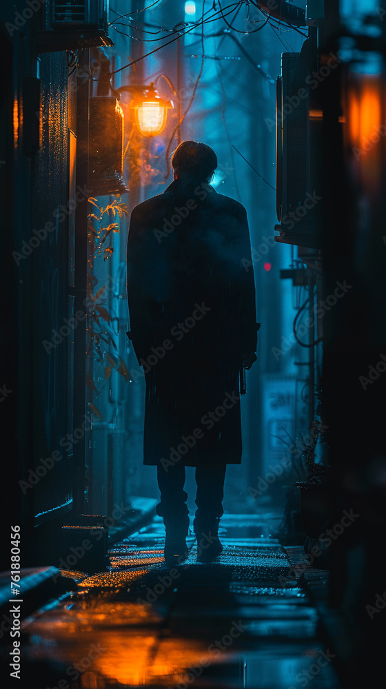 Stealthy agent blending into the shadows of a dimly lit alleyway during a covert operation, under the glow of a distant streetlight Realistic, Silhouette Lighting, Motion Blur