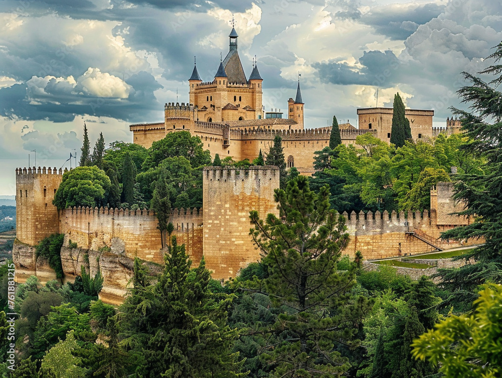 Historic Alcazar castle in Segovia, Spain, featuring intricate details and architecture in raw style.