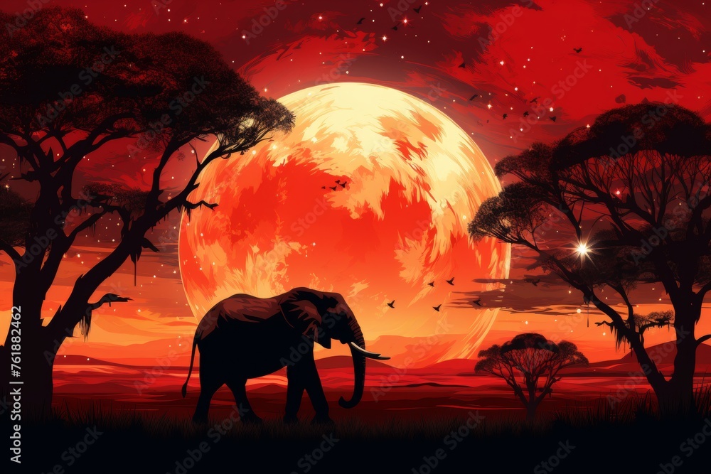 African elephant and acacia tree silhouettes against enormous moon in nighttime safari adventure