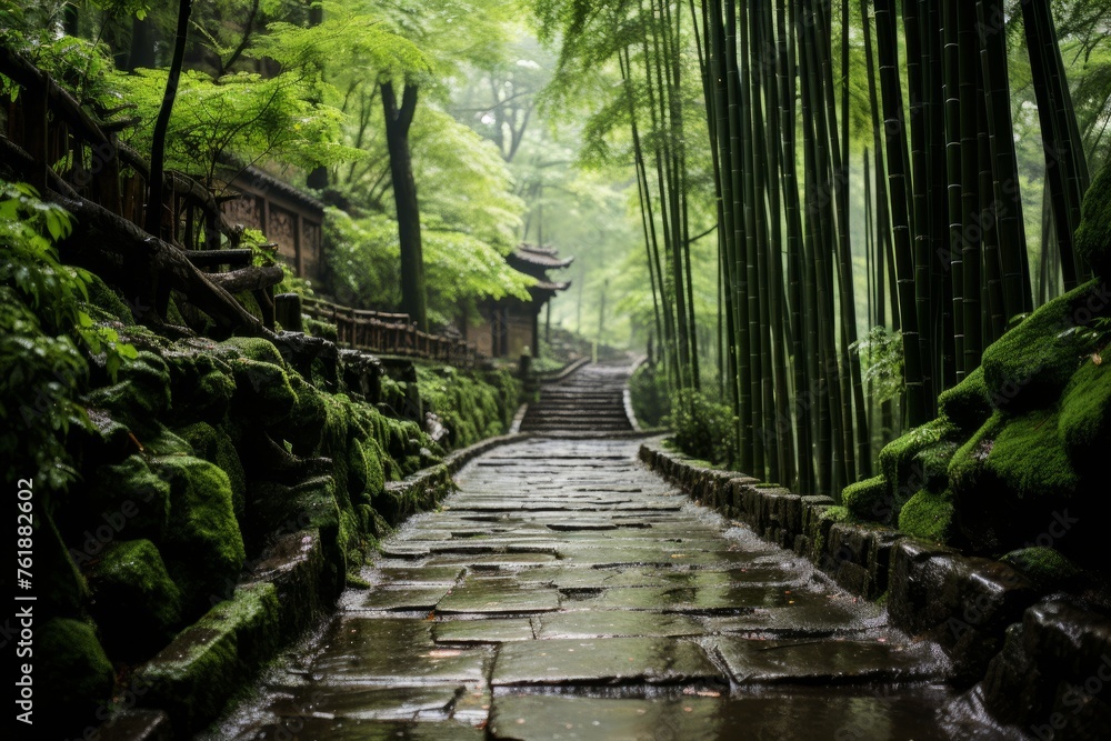 Bamboo forest with a stone path cutting through the terrestrial plants - obrazy, fototapety, plakaty 