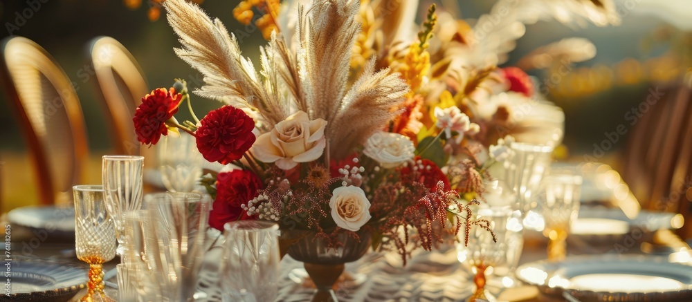 Boho-style table arrangement with vintage decor, flowers, and pampas grass for special occasions.