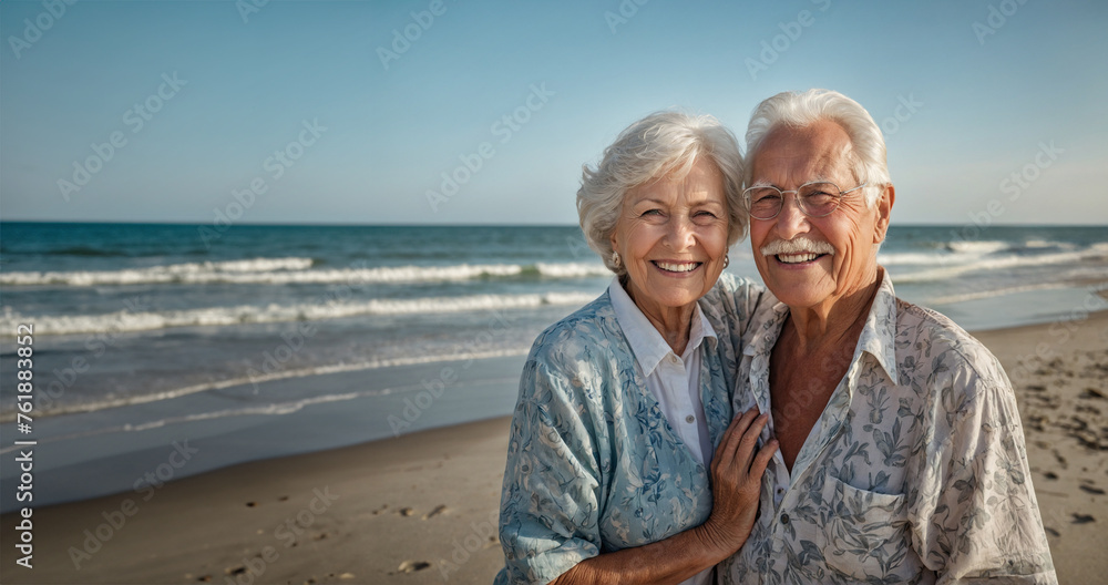 Happy senior couple is on a tropical beach on a summer day