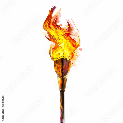 Flaming torch with a vibrant fire on a white background. © SuperGlück