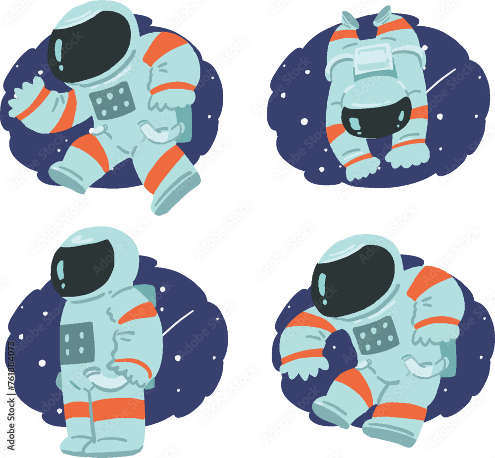Fototapeta premium 宇宙服を着た人と夜空のポップなイラストセット 