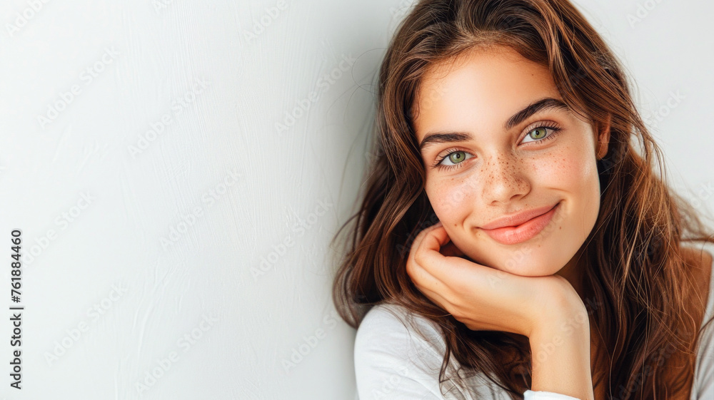 
Smiling woman with long brown hair in an elegant pose on a light background, embodying style and professionalism.