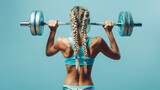 Elegant blonde in sporty blue and white, lifting weights. Styled in shiny spandex, with braided pigtails, she exudes grace against a light blue backdrop.