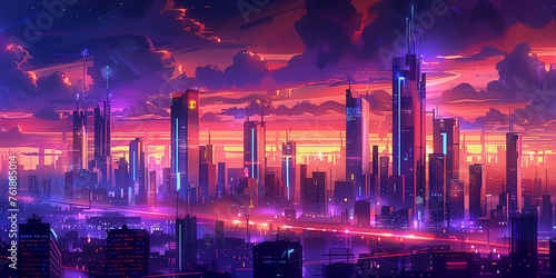 Beautiful Futuristic Cityscape Painting at Twilight With Vivid Pink and Purple Skyline