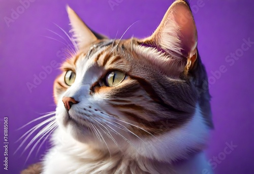 close up portrait of a cat with purple plain background