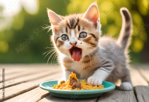 cute little pet cat eating food from bowl with nature blur background