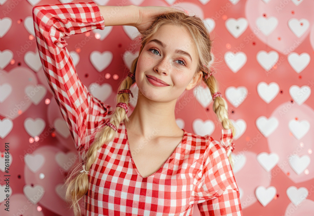 Graceful blonde in checkered red and white, striking an elegant pose with her hand raised, showcasing beauty and confidence in front of the camera. Graceful blonde in checkered red and white, striking an elegant pose with her hand raised, showcasing beauty and confidence in front of the camera.