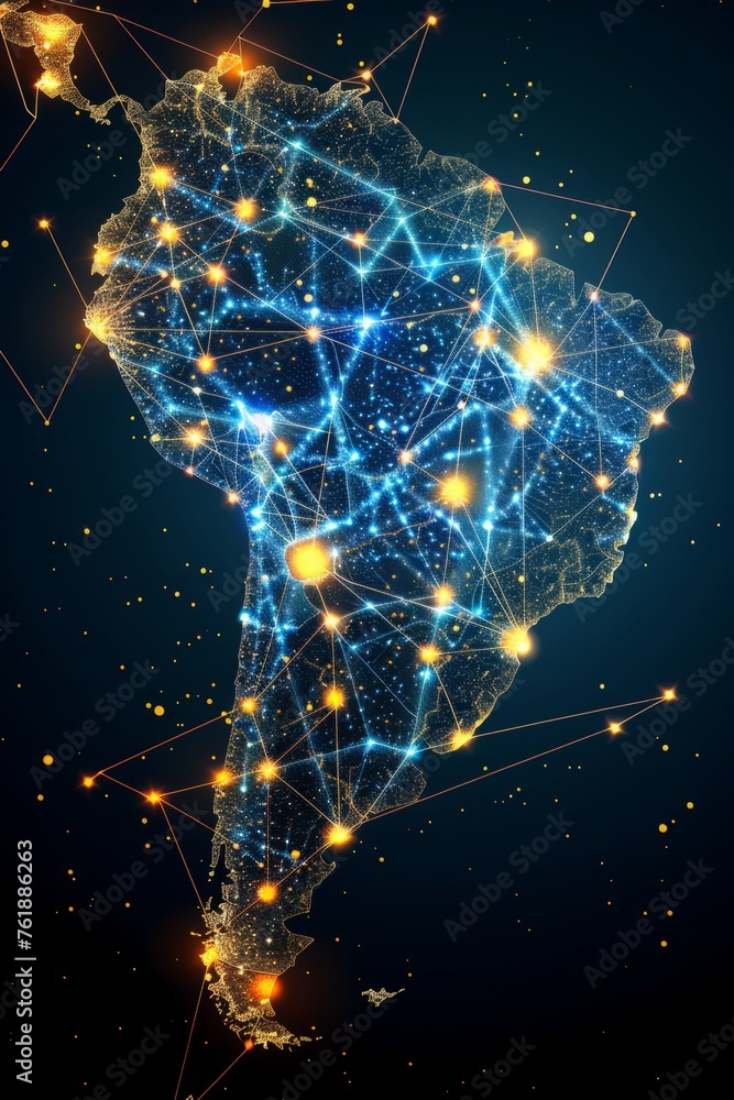 Illuminated Network Connectivity Map of South America, Digital Infrastructure Concept