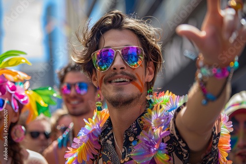 Joyous man in sunglasses at a colorful festival, embodying the vibrancy of celebration. AI Generative.