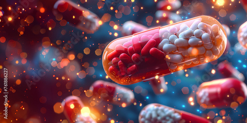 Vibrant pharmaceutical capsules in motion, symbolizing the dynamic world of medicine and health. AI Generative.