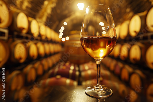 An intimate portrait of a lone wine glass against a backdrop of softly lit barrels. AI Generative. © NILSEN Studio