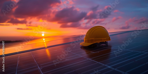 Hard hat on solar panels captures the dawn of renewable energy against a vivid sunrise.