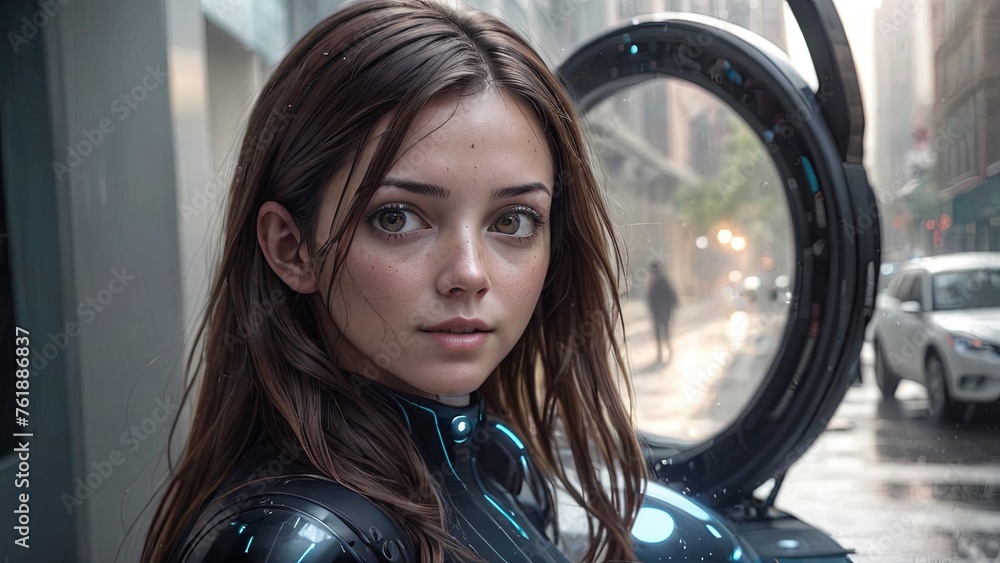 Rainy Day Reflection: Young Woman in Futuristic Urban Setting Rainy Day Reflection: Young Woman in Futuristic Urban Setting