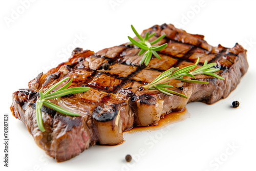 Beef steak grilled, top view on white background.
