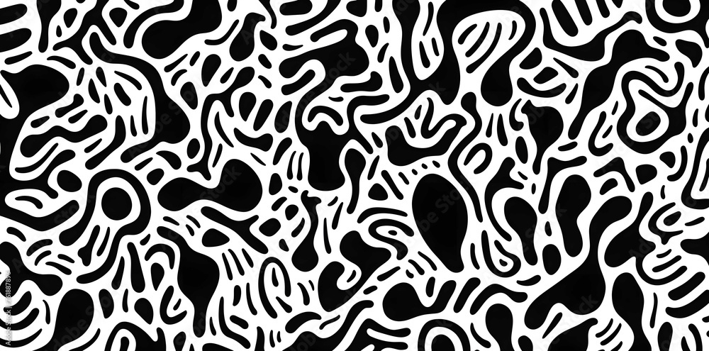Abstract organic shape art seamless pattern with freehand doodles. Contemporary flat cartoon background, simple nature shapes in black and white.