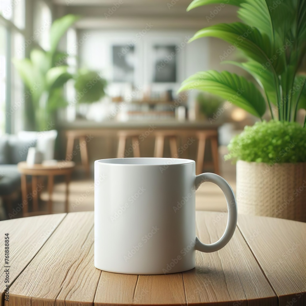 White blank coffee mug on the top of wooden table and blurred interior with potted green plant background. Blank coffee cup mug mockup template. White blank coffee mug on the top of wooden table and blurred interior with potted green plant background. Blank coffee cup mug mockup template.