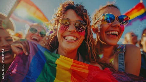 In a lively portrayal, individuals unite under the rainbow flag, exuding happiness and unity at an LGBTQ festival, symbolizing the empowerment of LGBTQ representation. 