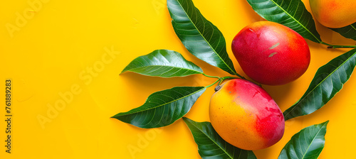 Healthy food summer and fresh mangos fruits banner - Top view of many fresh ripe mango and tropical leaves, isolated on yellow background with texture