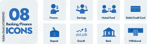 Banking and Finance Icons set. Finance, Growth, Debit or Credit Card, Bank, Earnings, Profit, Deposit and Withdrawal icons. Solid icons collection. 8 Financial Icons set in vector