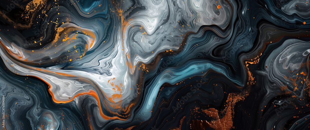 Fototapeta premium Golden Swirls on Blue Abstract Marble Texture