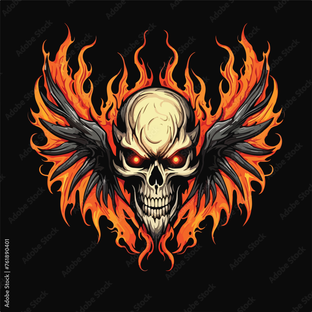 Skull head with wings and bone on fire. illustratio