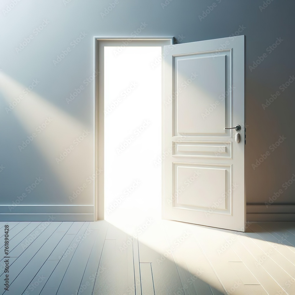 Fototapeta premium White half-open door and white wall with copy space leading to luminous unknown place.