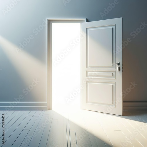 White half-open door and white wall with copy space leading to luminous unknown place.
