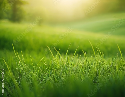 Green grass, against a background of blurred nature. Spring and summer concept. closeup grass texture, blurred background, sun rays. Nature concept. Copy space for text.