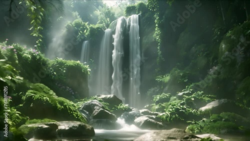 Serene waterfall nestled within a lush forest.