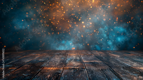 a glitter sparkles fireworks explosion background, a journey through space and time, on warm wood floor, warm burnt umber and slate blue color gradient © ClicksdeMexico