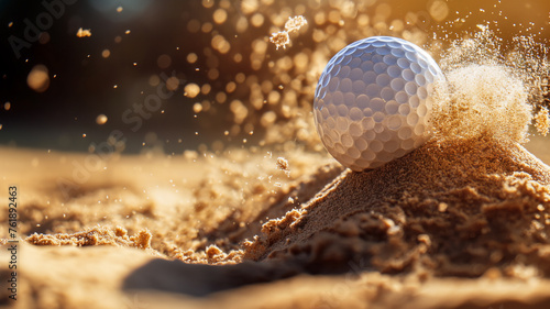 A golf ball creates a dynamic splash on sandy terrain, backlit by glowing sunlight. photo