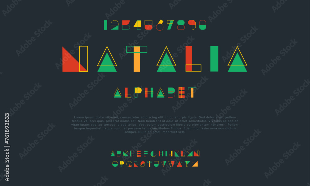 Natalia creative geometric modern urban alphabet font. Digital abstract futuristic, fashion, sport, minimal technology typography. Simple numeric vector illustration